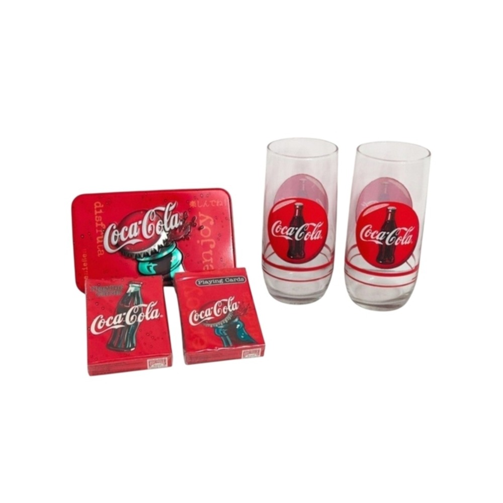 Coca-Cola Vintage Anchor Hocking Drinking Glasses Set 2 & Coke Playing Cards Tin